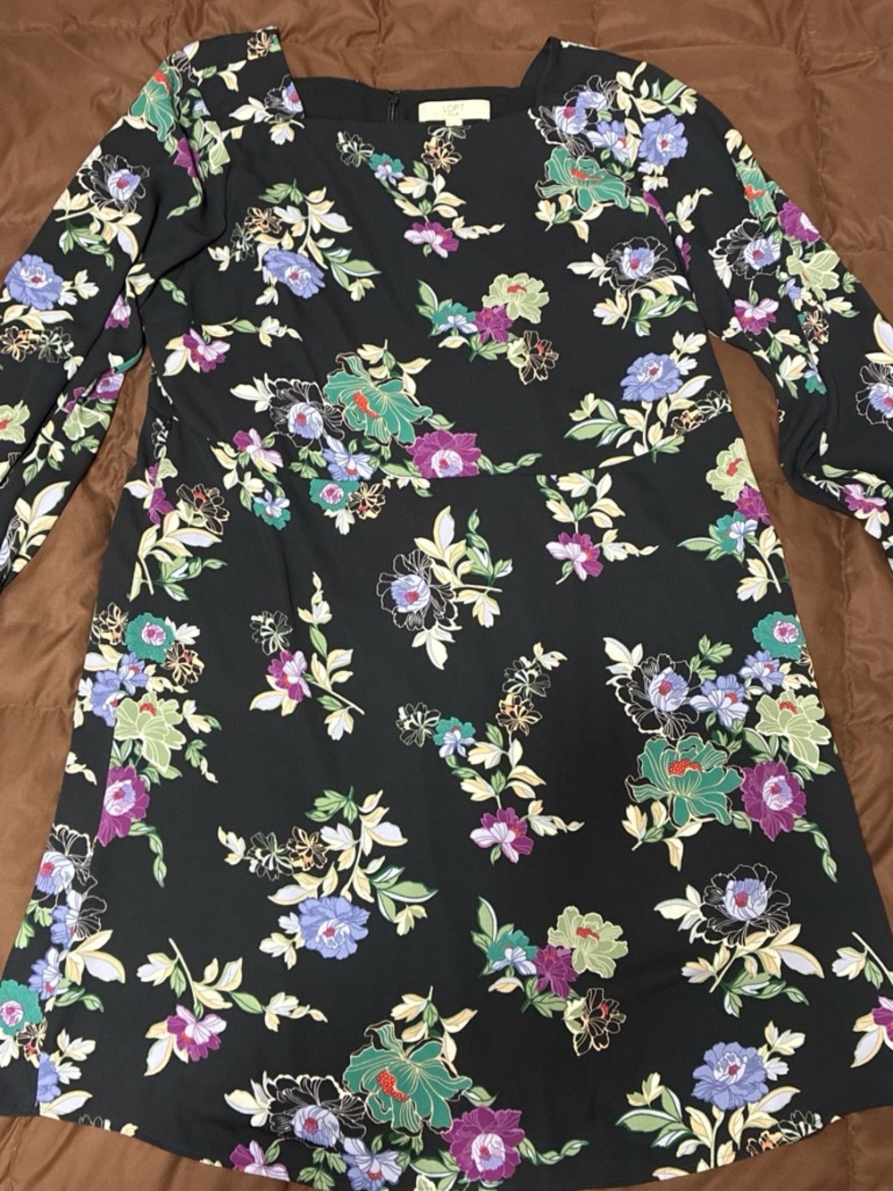 LOFT Black Floral Midi Dress with Green and Purple Blooms